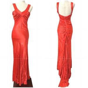 VTG Y2K Orange Satin Maxi Gown Ruched Bodycon Train Formal Prom Dress Fits 4